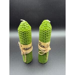6” Beeswax Honeycomb Rolled Candles Handmade Green Pair Natural Wax Decorative